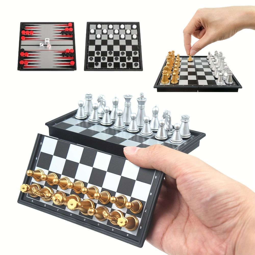 Magnetic Travel Chess - Złoto-srebrny mini zestaw do szachów, składana